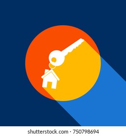key with keychain as an house sign. Vector. White icon on tangelo circle with infinite shadow of light at cool black background. Selective yellow and bright navy blue are produced.