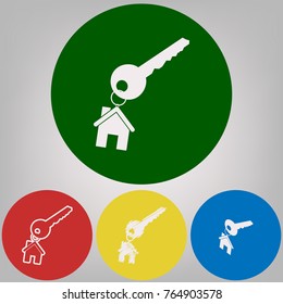 key with keychain as an house sign. Vector. 4 white styles of icon at 4 colored circles on light gray background.