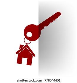 key with keychain as an house sign. Vector. Bordo icon on white bending paper background.