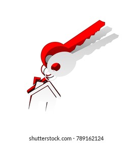 key with keychain as an house sign. Vector. Detachable paper icon with red body stock. Isolated.