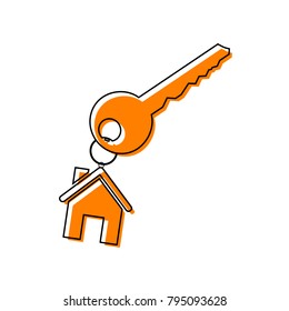 key with keychain as an house sign. Vector. Black line icon with shifted flat orange filled icon on white background. Isolated.