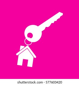 key with keychain as an house sign. White icon at magenta background.
