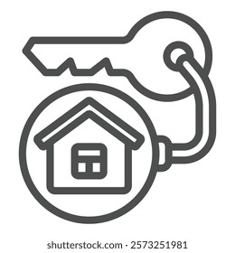 Key and keychain with house tag line icon, real estate concept. Vector graphics. Cottage building key sign on white background, outline style icon for mobile or web design