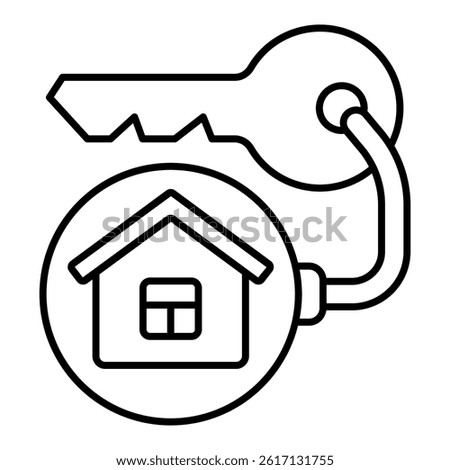 Key and keychain with house tag thin line icon, real estate concept. Vector graphics. Private property key sign on white background, linear style for mobile or design