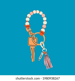 Key with Keychain. Keyholder and keyring. Modern keys with pendants. Hand drawn Vector illustration. Home rental, property, real estate concept. Print or poster template