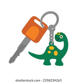 Key with a keychain in the shape of a dinosaur. Hand drawn vector illustration isolated on white background, modern flat cartoon style.