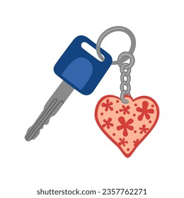 Key with a keychain in the shape of a heart. Hand drawn vector illustration isolated on white background, modern flat cartoon style.