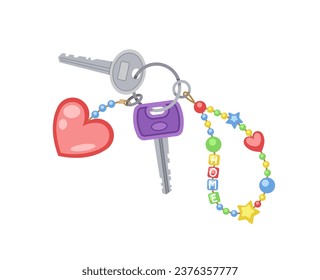 Key with keychain. Toys and keychains at pedant. Cottage and townhouse, padlock. Heart and string with beads. Social media sticker. Cartoon flat vector illustration isolated on white background