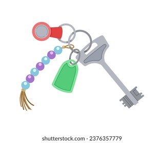 Key with keychain. Toys and keychains at pedant. Item for open doors in apartment or home. Graphic element for website. Cartoon flat vector illustration isolated on white background