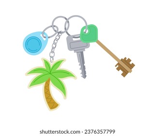 Key with keychain. Toys and keychains at pedant. Cottage and townhouse, padlock. Palm and blue magnetic key. Poster or banner. Cartoon flat vector illustration isolated on white background