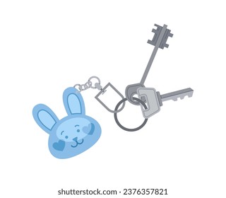 Key with keychain. Toys and keychains at pedant. Cottage and townhouse, padlock. Blue rabbit head. Graphic element for website. Cartoon flat vector illustration isolated on white background