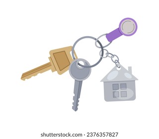 Key with keychain. Toys and keychains at pedant. Apartment and home. Sticker for social networks and messengers. Cartoon flat vector illustration isolated on white background