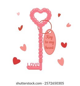 Key with a keychain for Valentine s Day. A pink key with the inscription The key to my heart on the keychain. The key is surrounded by a lot of hearts, a Valentine s Day gift. Isolated white backgroun