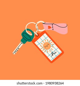 Key with Keychains. Keyholder and keyring. Modern keys with pendants. Hand drawn Vector illustration. Home rental, property, real estate concept. Print or poster template