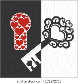 Key and keyhole. Black and white graphical valentine background with red hearts. Vector illustration.