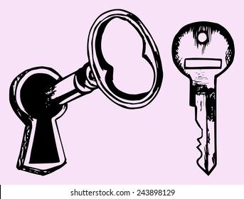 key in keyhole, doodle style isolated on pink background 