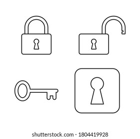 Key, keyhole, lock and unlock icon. Padlock open and closed sign. Log in and log out symbol. Security access logo. Vector illustration image. Outline silhouette shape isolated on white background.