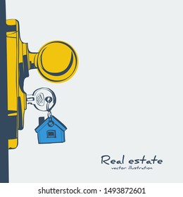 Key in keyhole on door silhouette. Real Estate pictogram concept, template for sales, rental, advertising. Sign on the home key. Vector illustration sketch design.