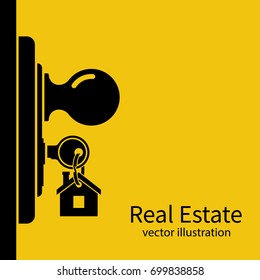 Key in keyhole on door silhouette. Real Estate pictogram concept, template for sales, rental, advertising. Sign on the home key. Vector illustration flat design.