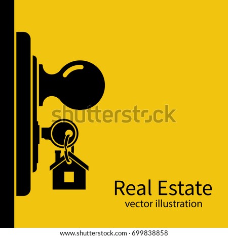 Key in keyhole on door silhouette. Real Estate pictogram concept, template for sales, rental, advertising. Sign on the home key. Vector illustration flat design.