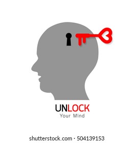 Key and keyhole on head. Unlock concept, illustration isolated on white background.