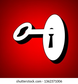 Key in keyhole sign. Vector. Perspective view of white icon with black outline at reddish background.