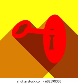 Key in keyhole sign. Vector. Red icon with two flat reddish shadows on yellow background.