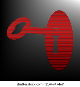 Key in keyhole sign. Vector. Striped red and black icon at gradient blackish background. Zebra.