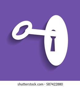 Key in keyhole sign. Vector. White icon with soft shadow on grape violet background.