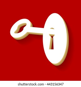Key in keyhole sign. White button icon with wood color and shadow on dark red background.