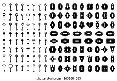 Key and keyhole silhouettes. Old house door keys, vintage lock keyholes frames and retro key silhouette icon vector set. Collection of elegant decorative antique and modern keyways of various shapes.