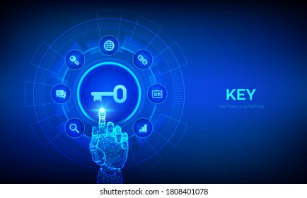 Key. Keyword. Key to success or solution. Turnkey solution and services technology concept on virtual screen. Robotic hand touching digital interface. Vector illustration.