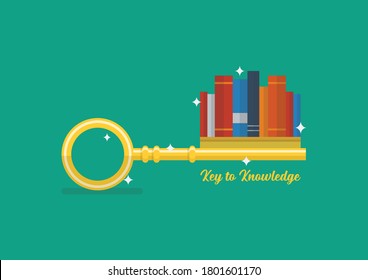 Key to knowledge concept. Books are part of the key. Vector illustration