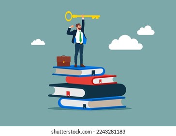 Key of knowledge and learning. Business book. Modern flat vector illustration.