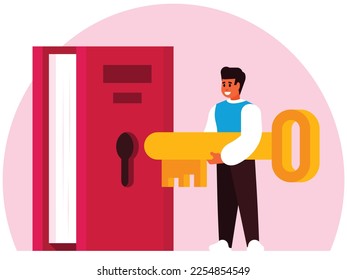 Key to knowledge. A man picks up a key to a keyhole in a book. Closed book. Golden key in teacher's hands. Vector graphics