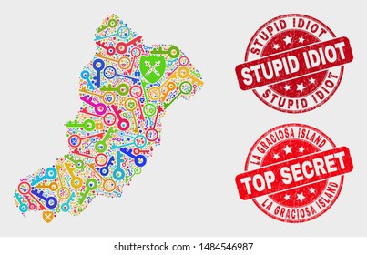 Key La Graciosa Island map and seal stamps. Red round Top Secret and Stupid Idiot scratched seal stamps. Colorful La Graciosa Island map mosaic of different key items.