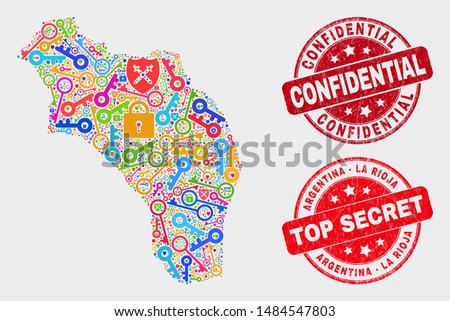 Key La Rioja of Argentina map and watermarks. Red round Top Secret and Confidential grunge watermarks. Colored La Rioja of Argentina map mosaic of different privacy items.