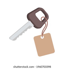 Key with label vector flat illustration isolated on white background. Car, room, or house keys sign concept. Selling or purchase of real estate, mortgage loan, rental of property, or car.