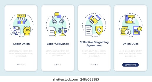 Key labor relations concepts onboarding mobile app screen. Walkthrough 4 steps editable graphic instructions with linear concepts. UI, UX, GUI template
