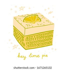 Key lime pie color illustration. Square piece isolated on white backround. Classic American dessert.