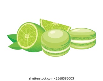 Key Lime Pie macarons icon set vector illustration. Green french macaroons icon vector isolated on a white background. Green macarons and fresh lime drawing