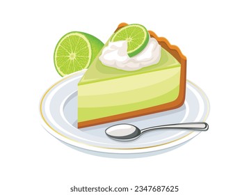 Key Lime Pie vector illustration. Slice of lime cake with whipped cream icon vector isolated on a white background. Piece of citrus fruit cake on a plate drawing