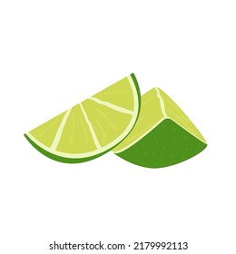 Key lime slices, cutted citrus pieces. Meethay fruit wedges for healthy diet. Composition of fruit slices. Delicious juicy citron for cocktail menu or recipe. Vector lime isolated on white background.