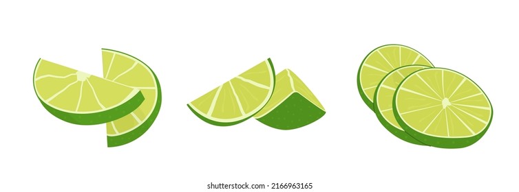 Key lime slices, cutted pieces and citrus wedges. Meethay fruit for healthy diet. Vector set of realistic flat cartoon style lime. Composition of fruit slices. Delicious juicy citron for cocktail menu
