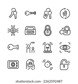 Key line, fingerprints, password icon set. Key line genres and attributes. Linear design. Lines with editable stroke. Isolated vector icons.