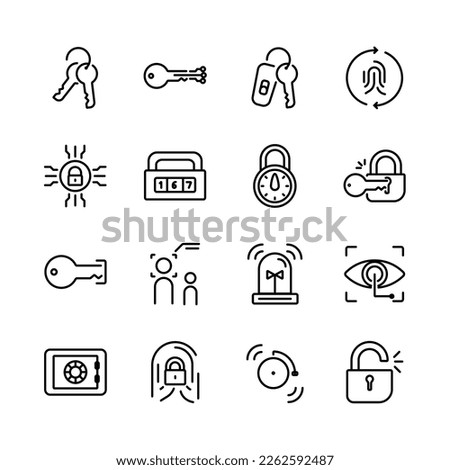 Key line, fingerprints, password icon set. Key line genres and attributes. Linear design. Lines with editable stroke. Isolated vector icons.