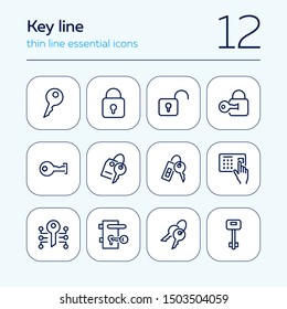 Iconos de línea de clave. Conjunto de iconos de línea en fondo blanco. Concepto de seguridad, clave, casillero, teléfono de entrada. La ilustración vectorial se puede utilizar para la casa, la seguridad de la casa, los programas informáticos