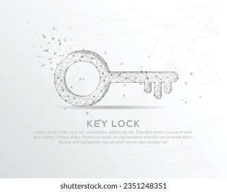 Key lock abstract mash line and composition digitally drawn in the form of broken a part triangle shape and scattered dots low poly wire frame.