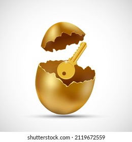 Key to the lock is in a broken golden egg. Investments and real estate insurance. Vector icon isolated on white background