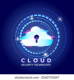 Key lock in circle circuit Cloud security concept abstract background. technology information protection system Internet safety and personal information security.